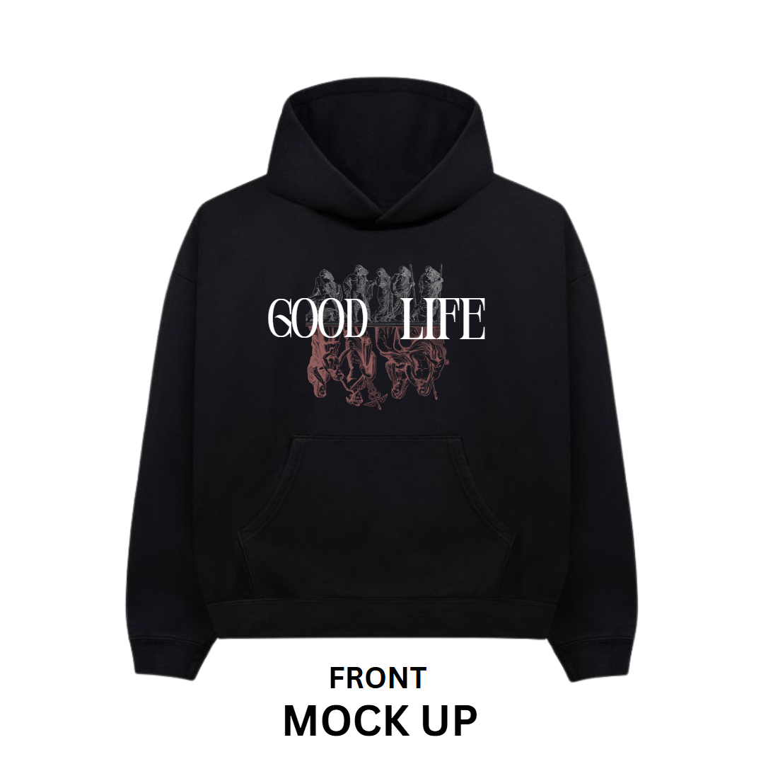 Hoodie Design "Good Life" Black Hoodie Front & Back Mockup, Black Hoodie, Vintage Hoodie, Typography | Transparent PNG | JPG and PDF file