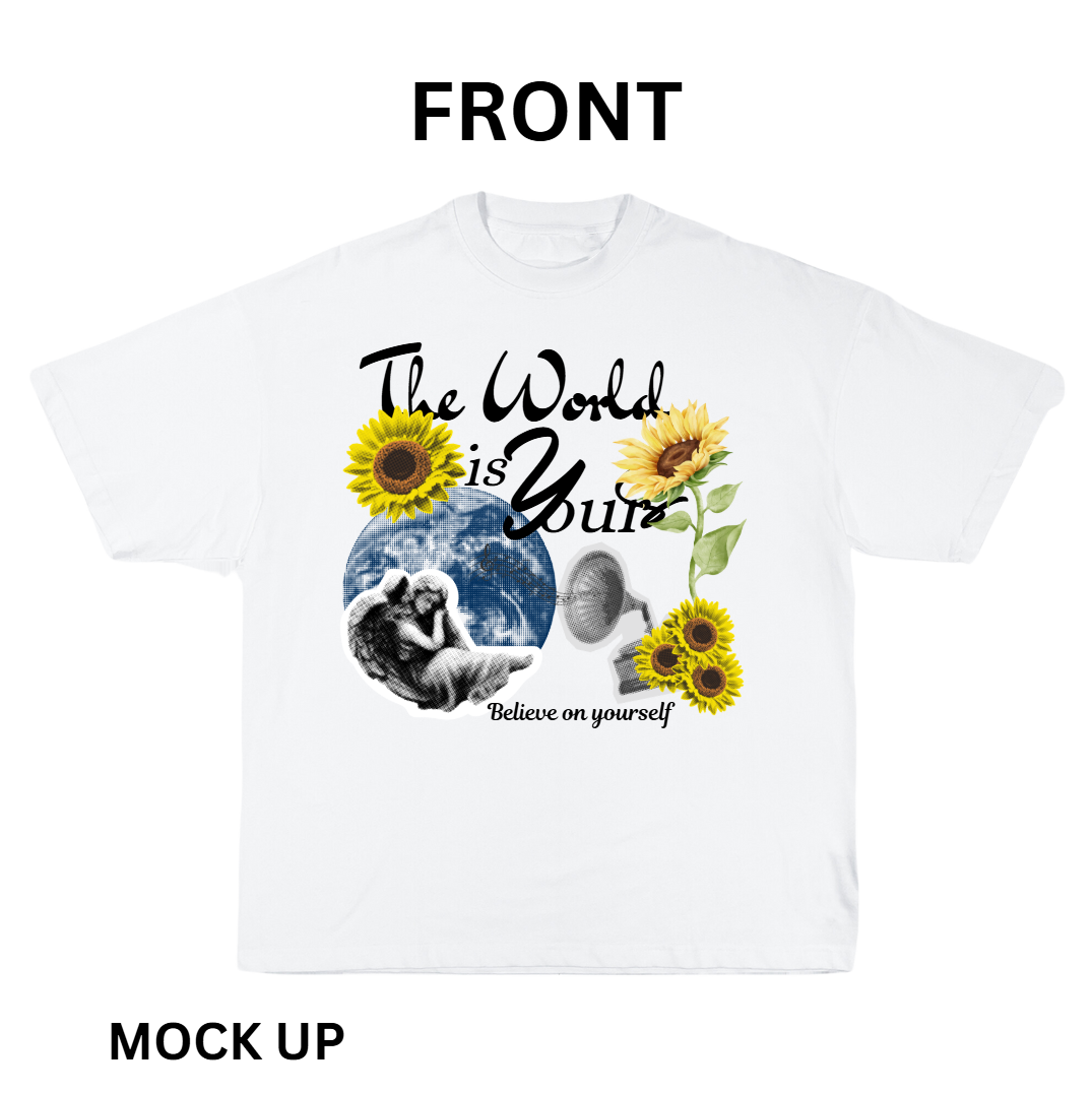 T-Shirt Design "The World", T-Shirt Mockup, T-Shirt Print Design, White T-Shirt Mockup, Illustration | Transparent PNG | JPG and PDF file
